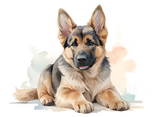 Watercolor painting of a cute German Shepherd puppy with fluffy brown and black hair. and has a curious expression on his face on a white background