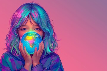 Naklejka premium A colorful illustration of a child holding the Earth