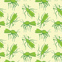 Vector seamless pattern of outline green mosquitos, moths, beetles in doodle flat style. Bright texture with insects, bloodsuckers, pests