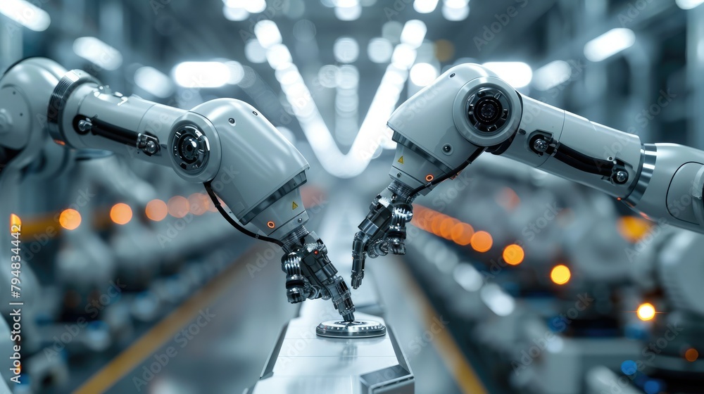 Fototapete Robotic arms assembling and moving around small shiny objects for aerospace manufacturing processes. Futuristic factory shop floor in lights. Metal, carbon, glass, LED. Smart robots. Generative AI.