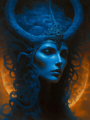 Portrait of an alien woman with horns