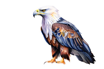 Obraz premium Watercolor painting of an African eagle, its powerful beak and piercing yellow eyes are the focal points on a white background.