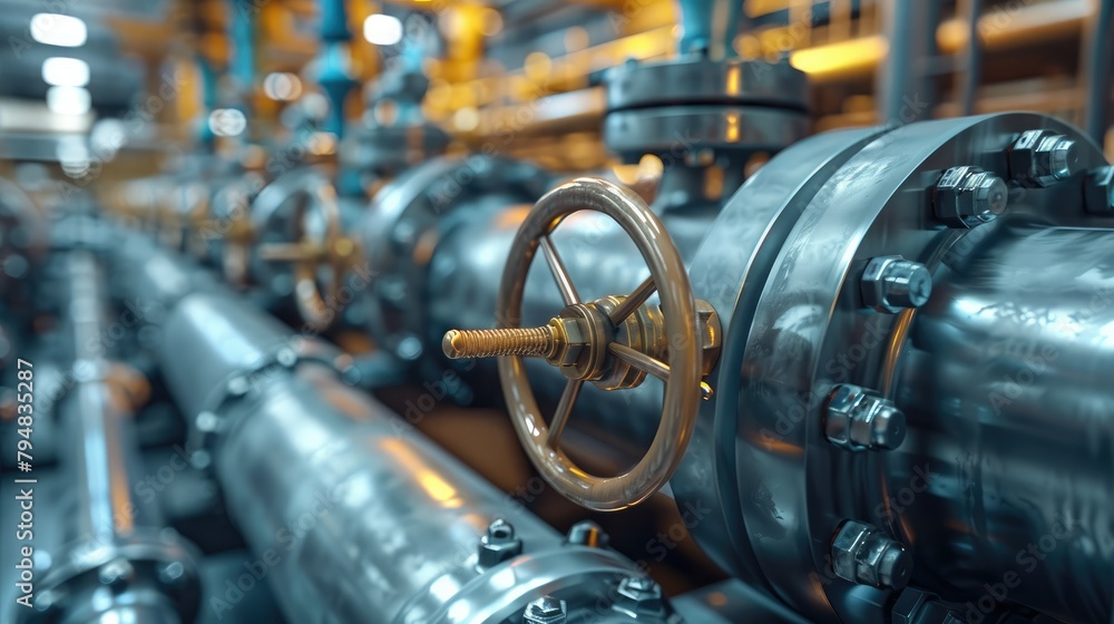 Poster industrial valves and pipelines in a factory setting. generative ai.