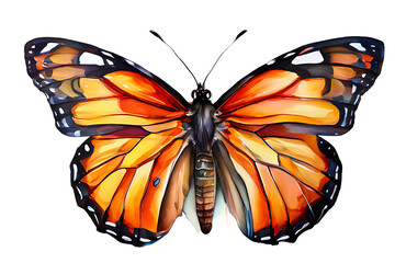 Watercolor painting of a viceroy butterfly with thick black lines and orange wing edges. on a white...