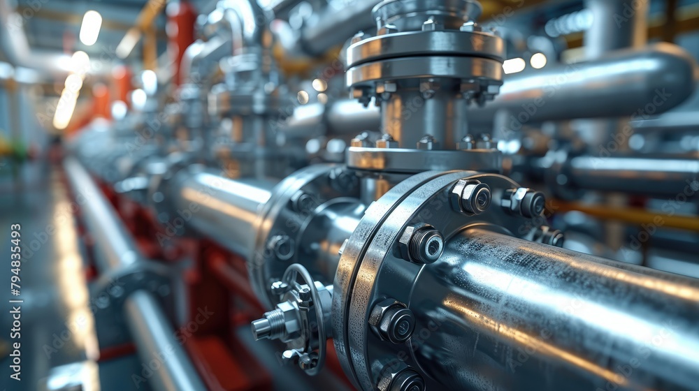 Poster industrial valves and pipelines in a factory setting. generative ai.