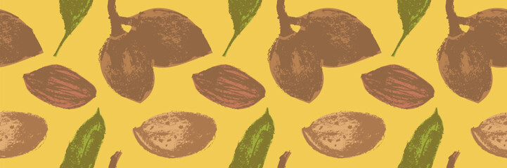 Vector almond pattern seamless with hand-drawn illustrations of almond nuts for web banner, oil packaging or marzipan paste label design. Floral sketches background, almond ornament. Organic nuts.