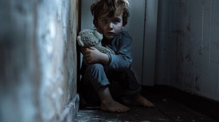 A small boy in a dark corner of a room, clutching a stuffed animal for comfort