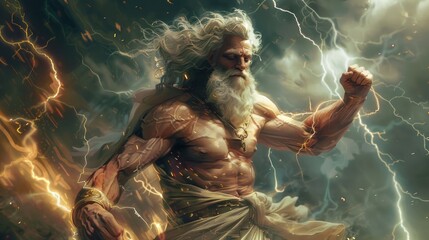 Obraz premium Greek religion and mythology, who rules as king of the gods on Mount Olympus. His name is cognate with the first syllable of his Roman equivalent Jupiter.