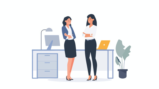 Two business women standing in a modern office discus