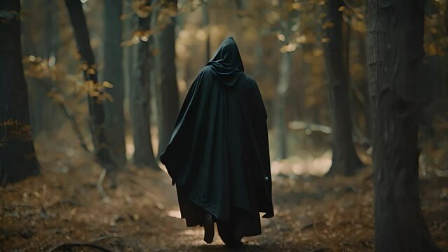 Figure in a black cloak in the forest. The concept of mystery and enigma.