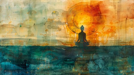 Abstract watercolor painting with a yogi silhouette against a vibrant sunset backdrop