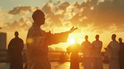 Qigong Master Channeling Inner Energy, Spiritual Glow in Tranquil Dawn Practice