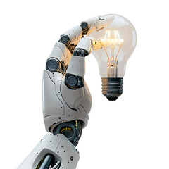 Ai robot hand holding lightbulb on isolated transparent background