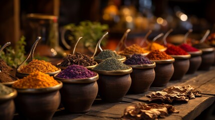 A creative arrangement of bowls filled with a variety of aromatic spices