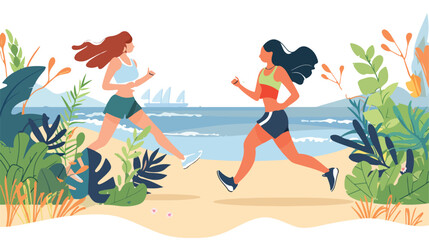 Obraz na płótnie Canvas Two women jogging on beach promenade embracing a fit