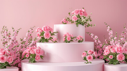 "Spring-themed Product Display: Pink 3D Podium with Roses on White Table, Nature's Beauty Stand."