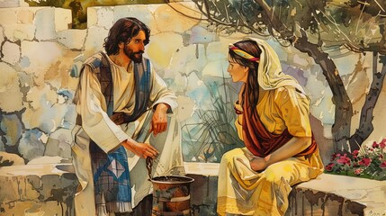 Fototapeta premium Jesus and the Samaritan woman at the well, illustrated in warm, inviting colors to depict the midday encounter
