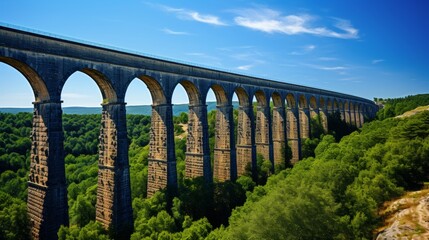 A sleek train glides across a steel bridge, spanning a scenic valley below