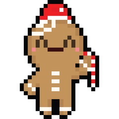 Pixel art cartoon christmas gingerbread man character with candy cane