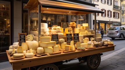 A variety of gourmet cheeses beautifully displayed on a wooden cart in a bustling city street