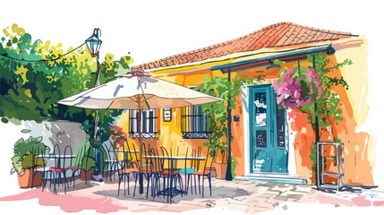 Cafe on the old street in Limassol Cyprus. Hand drawn
