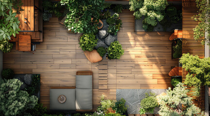 Top view of a terrace, on this terrace there is an ecological garden, wood finish. Generative AI.