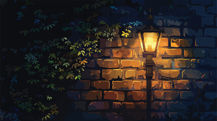 Vintage street lamp against a brick wall at night  - obrazy, fototapety, plakaty