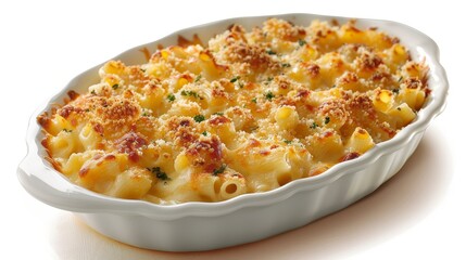 Inviting image of freshly baked, creamy macaroni and cheese, oozing with rich sauce, set against a clean, isolated background, studio lit