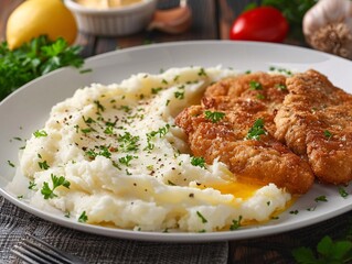 A plate of fried chicken and mashed potatoes
