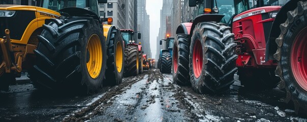 Tractors lined up on a city street - obrazy, fototapety, plakaty