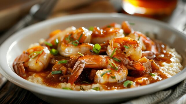 High-definition image of shrimp and grits, Southern comfort food, with creamy grits and succulent shrimp in a tantalizing sauce, studio-lit isolated background