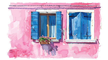 Watercolor painting of window with blue shutters on t