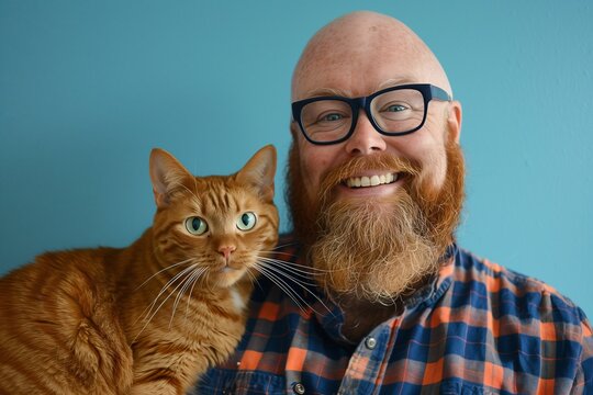 Smiling Bald man with glasses with a ginger cat on his back