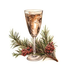 Glass of champagne with cranberries and rosemary. Watercolor illustration