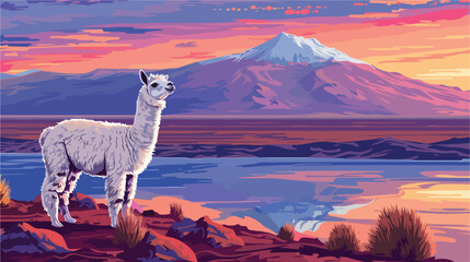 White alpacas on Laguna Colorada in Altiplano Bolivia - obrazy, fototapety, plakaty