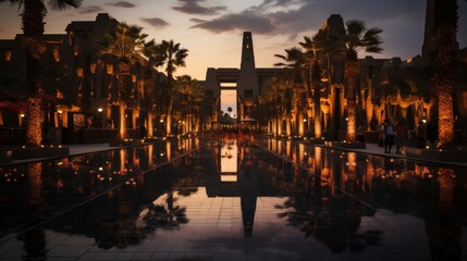 The obelisk of Egypt reflects in a tranquil pool, creating a breathtaking illusion of symmetry