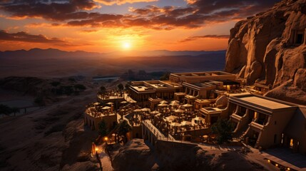A mesmerizing aerial view of a luxurious desert resort surrounded by golden sands, as the sun sets in the horizon