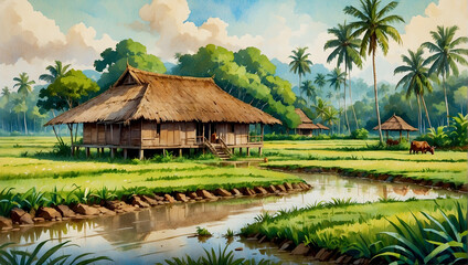 A panoramic view of a classic Malay wooden house set amidst a vast paddy field surround by green trees.