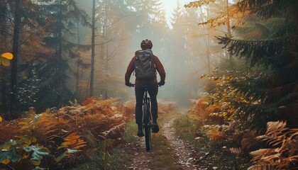 A man is riding a bicycle down a path in the woods by AI generated image