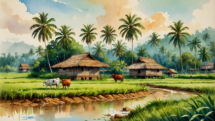  A classic Malay wooden house set amidst a vast paddy field. Coconut trees adorn the surroundings while cows graze on the lush grass.