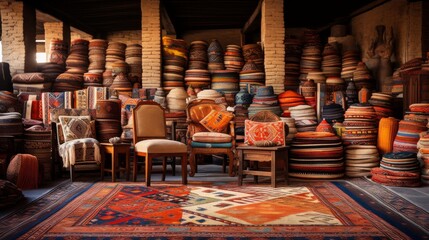 A vibrant room filled with a multitude of colorful rugs and chairs, creating a lively and inviting atmosphere