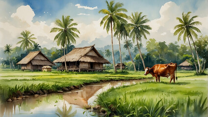  A classic Malay wooden house set amidst a vast paddy field. Coconut trees adorn the surroundings while cows graze on the lush grass near the waterline.