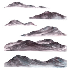 Mountains silhouettes, ranges, peaks, hills, hilly terrain landscape constructor set. Hand drawn watercolor monochromatic illustration. Nature, organic, bio, eco concept. Isolated white background.