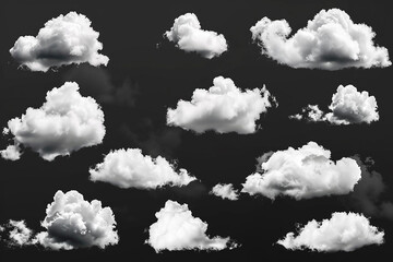 Clouds set isolated on black background. White cloudiness, mist or smog background. Collection of...