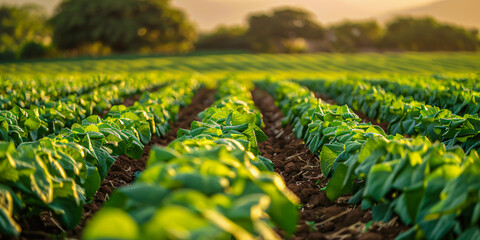 Fototapeta premium Agricultural Field with Rows of Green Vegetables, Organic Farming Landscape at Sunset