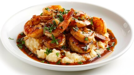 Gourmet Southern shrimp and grits, creamy buttery texture, topped with golden sauteed shrimp and rich sauce, isolated on white, studio lighting