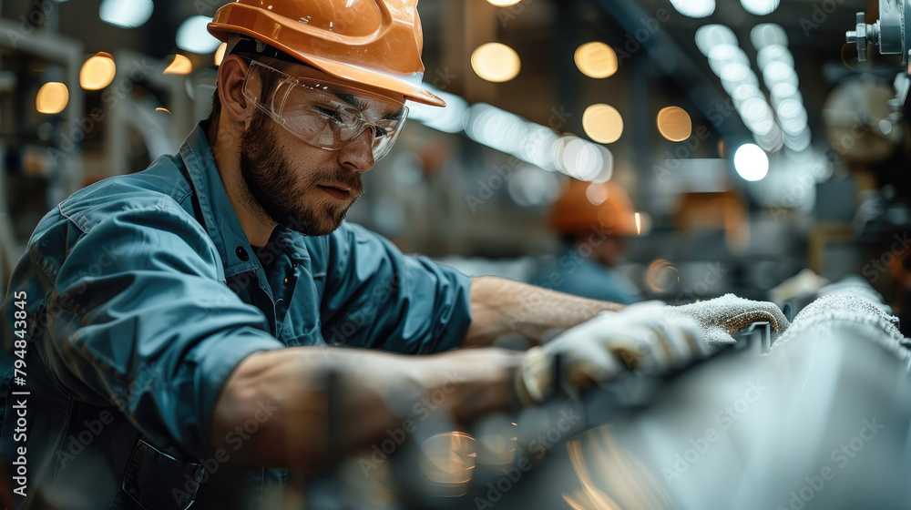 Poster Worker working in machinery for manufacturing. Generative AI.