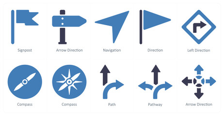 A set of 10 Navigation icons as signpost, arrow direction, navigation