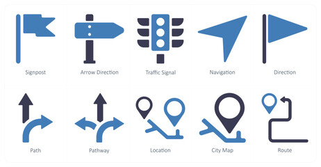 A set of 10 Navigation icons as signpost, arrow direction, traffic signal