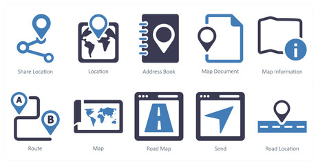 A set of 10 Navigation icons as share location, location, address book
